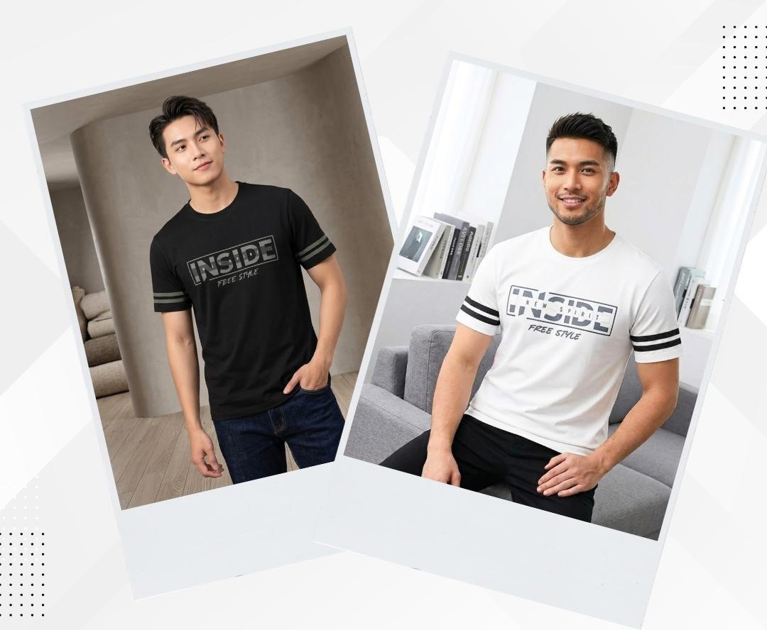 Nam mẫu mặc áo cổ tròn INSIDE màu đen và màu trắng của POLOMIMIN
